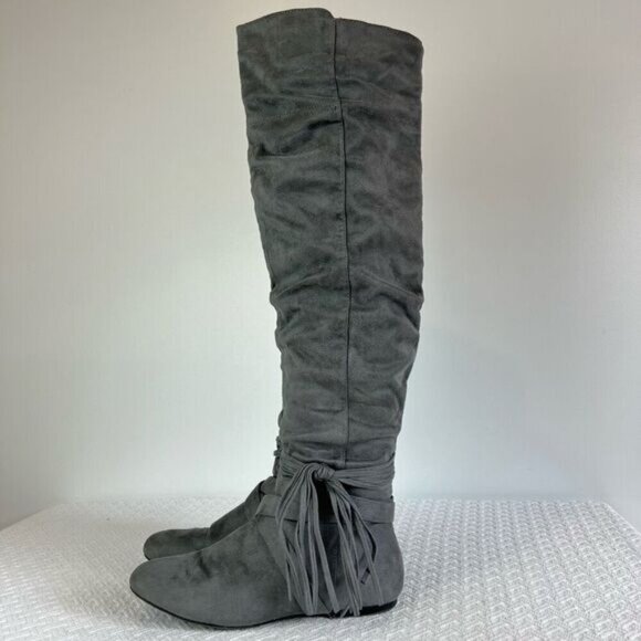 Justfab Women’s 8 Grey Faux Suede Romy Over Knee High Sock Boot Fringe Tassel - Picture 1 of 13